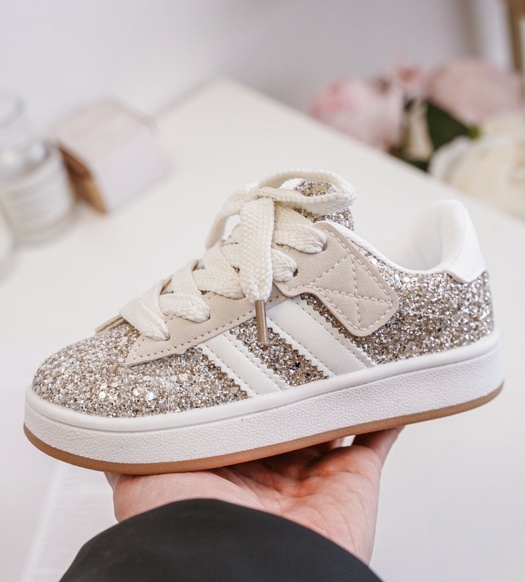 Baskets fille à scratch et lacets – Chaussures enfant pailletées dorées confortables et légères - MiniWalks