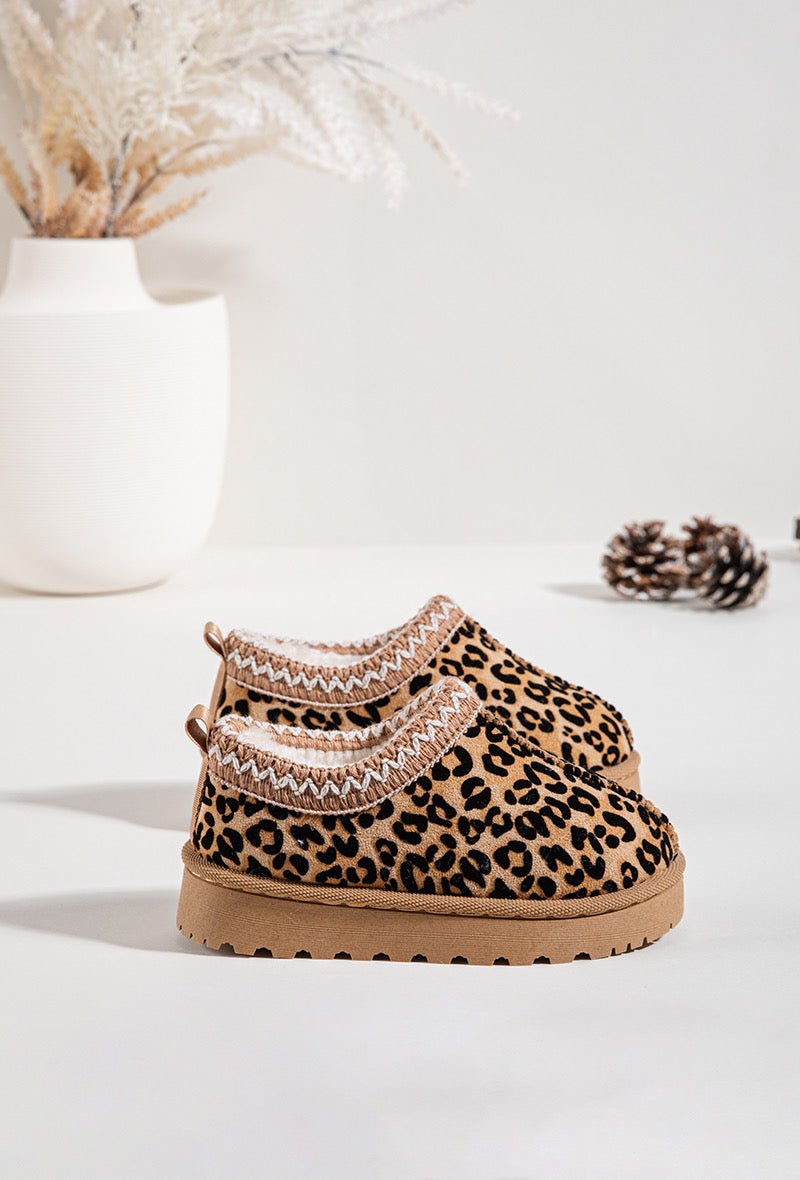 Bottines enfant à imprimé léopard – Chaussures d’hiver fourrées avec bordure tricotée - MiniWalks