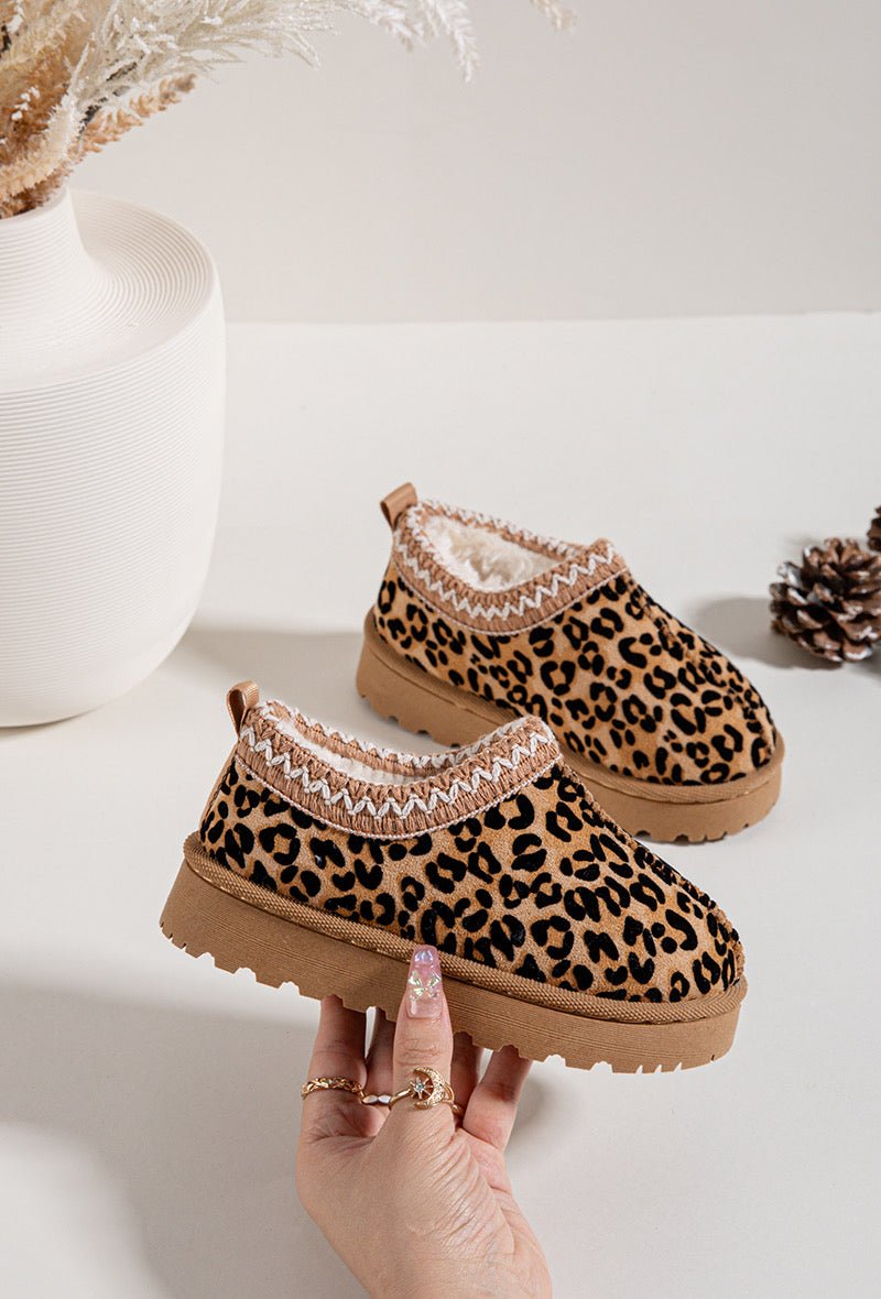 Bottines enfant à imprimé léopard – Chaussures d’hiver fourrées avec bordure tricotée - MiniWalks