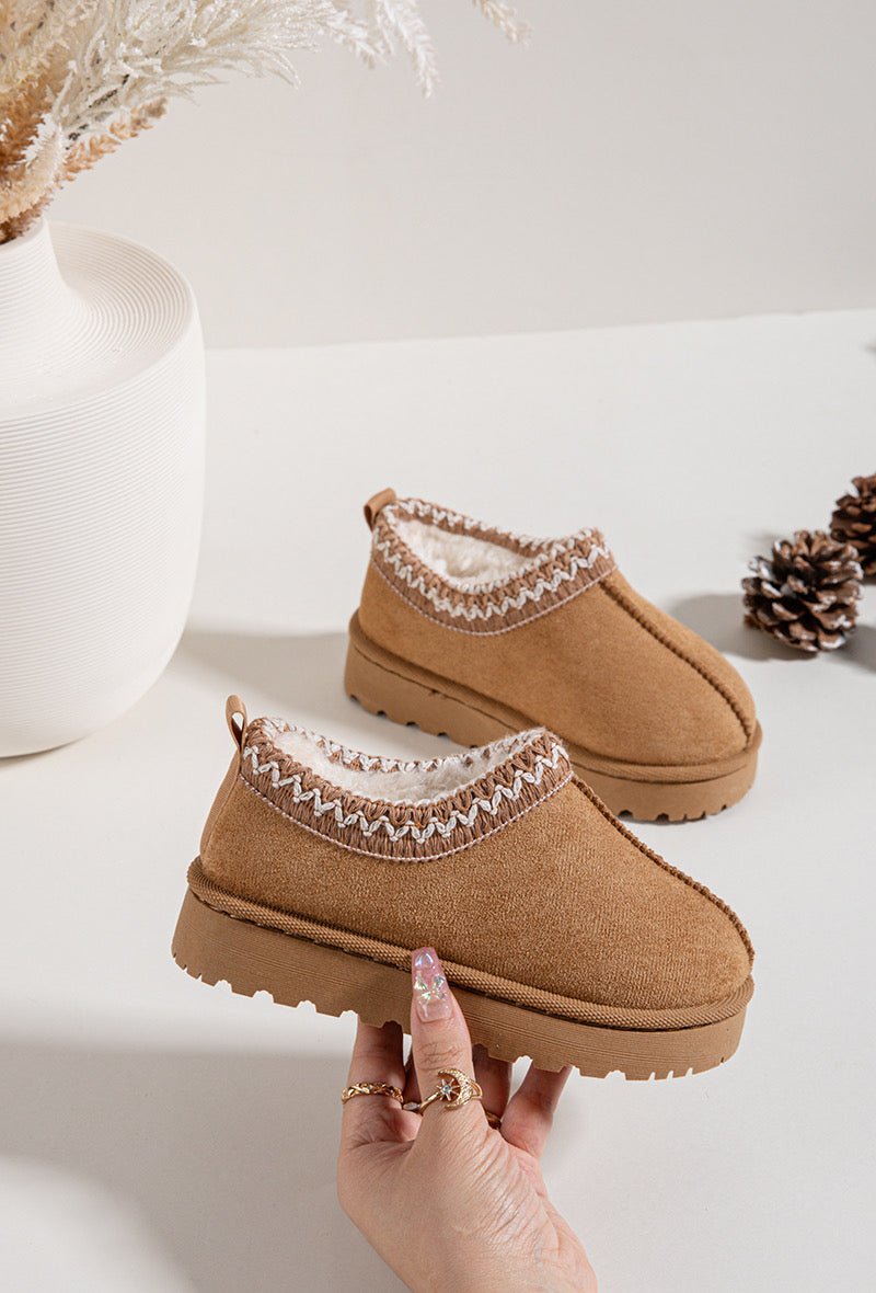 Bottines enfant camel fourrées à bordure tricotée – Chaussures d’hiver chaudes et confortables - MiniWalks