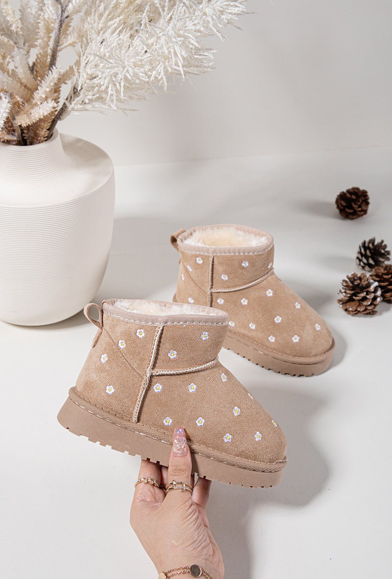 Bottines fille montantes beige à fleurs – Bottines enfant fourrées chaudes et antidérapantes pour l’hiver - MiniWalks