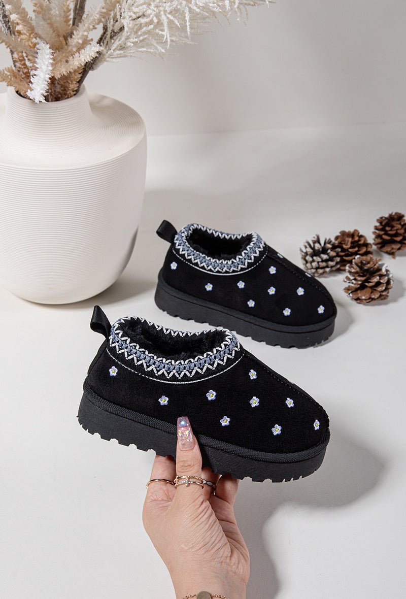Bottines fille noires à fleurs – Bottines enfant fourrées chaudes et antidérapantes pour l’hiver - MiniWalks