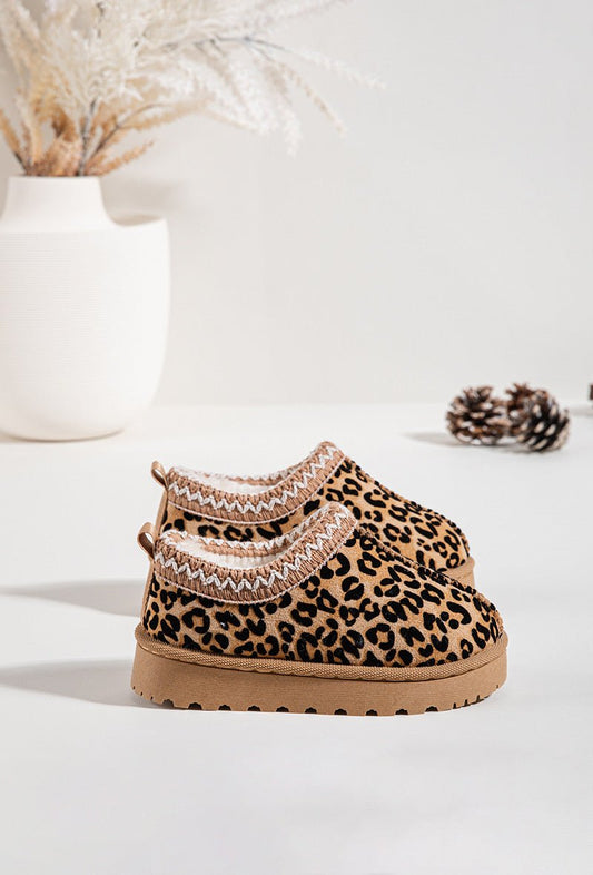 Bottines enfant à imprimé léopard – Chaussures d’hiver fourrées avec bordure tricotée - MiniWalks