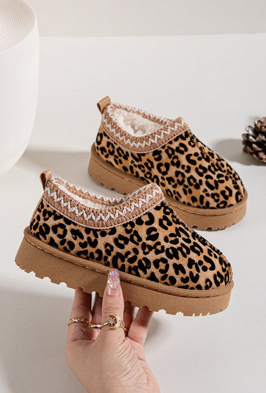 Bottines enfant à imprimé léopard – Chaussures d’hiver fourrées avec bordure tricotée - MiniWalks