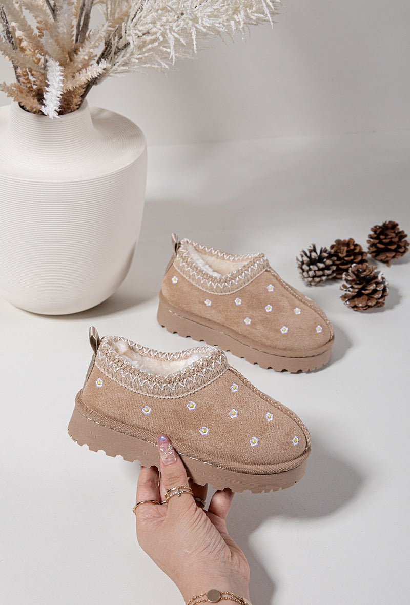 Bottines fille beige à fleurs – Bottines enfant fourrées chaudes et antidérapantes pour l’hiver - MiniWalks