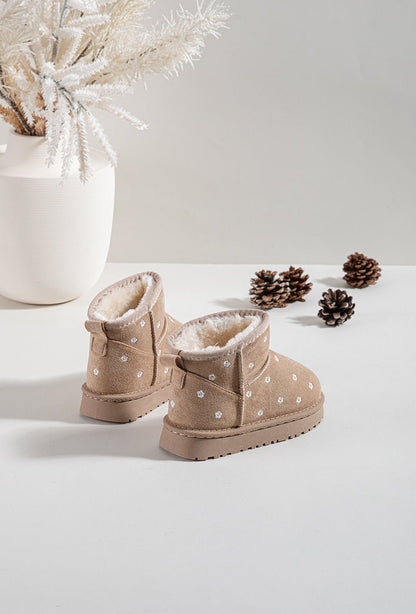 Bottines fille montantes beige à fleurs – Bottines enfant fourrées chaudes et antidérapantes pour l’hiver - MiniWalks