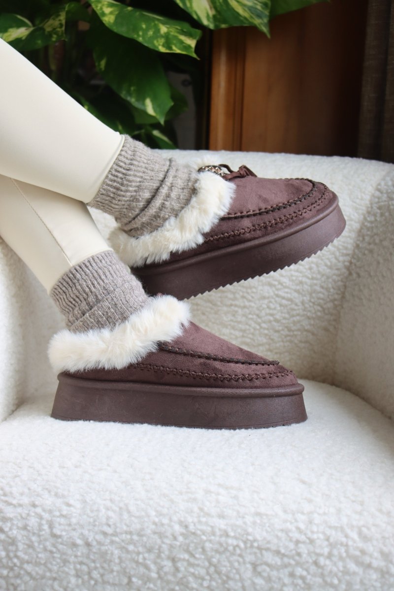 Chaussons bottines en cuir et suédine fourrée chocolat – Douceur d’hiver et semelle plateforme antidérapante - MiniWalks