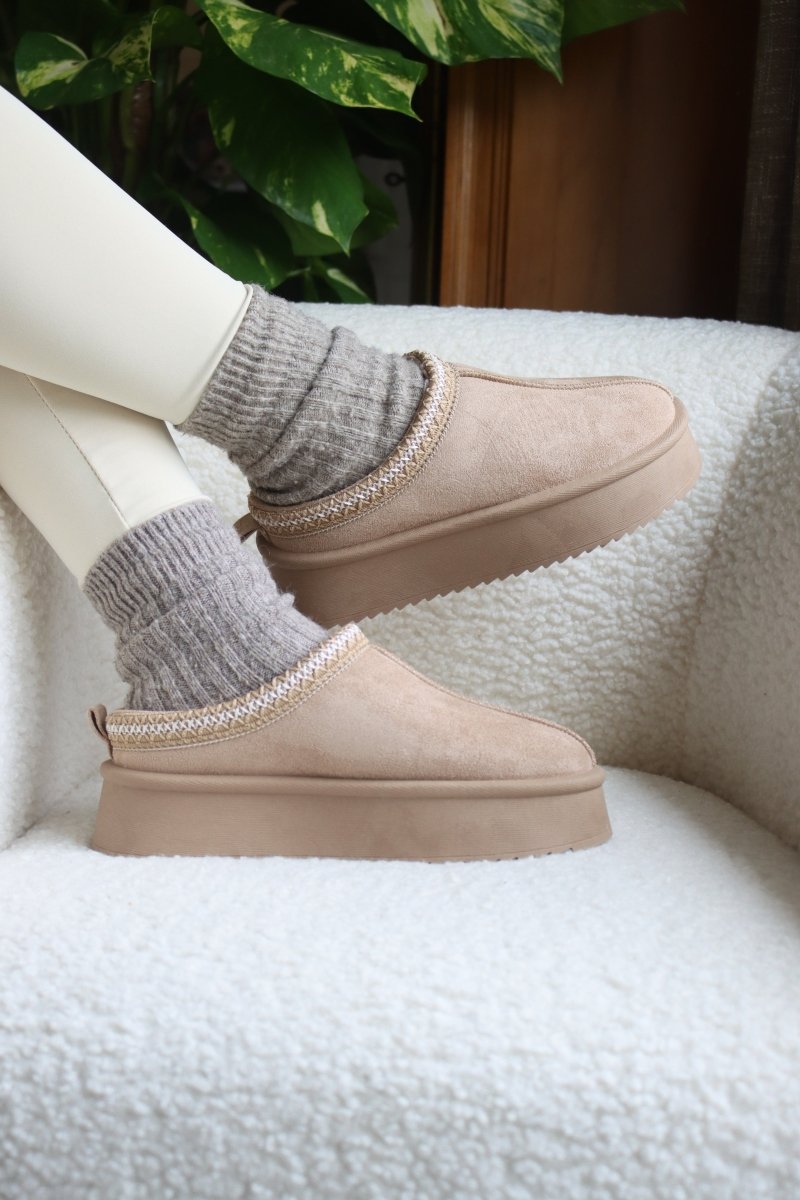 Chaussons en cuir et suédine beige – Confort cocooning, semelle plateforme antidérapante - MiniWalks
