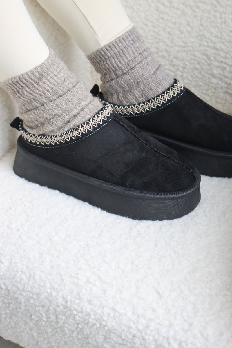 Chaussons en cuir et suédine noirs – Style chic cocooning, semelle plateforme antidérapante - MiniWalks